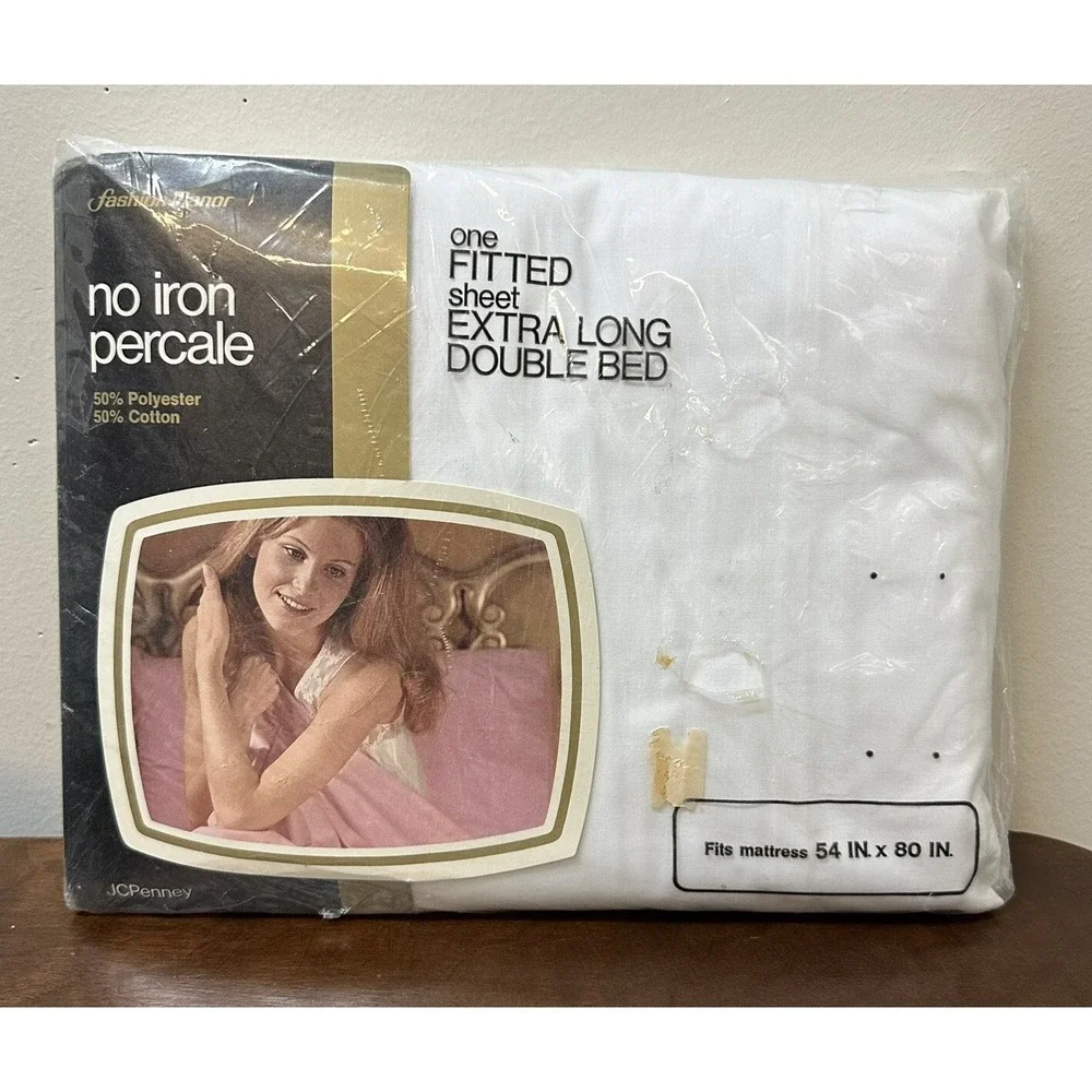 Vintage Full Double Fitted Bottom Sheet White No Iron Percale NEW NOS